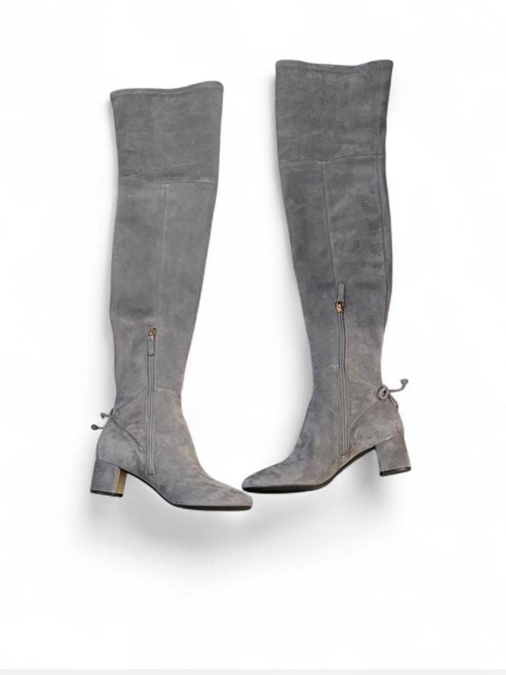 Tory  Burch Gray Suede Knee-High Block Heel Boots with bow logo detail
